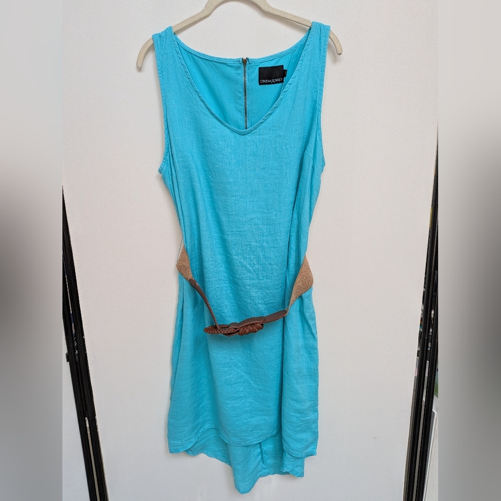 NEW Cynthia Rowley Blue 100% Linen Belted Sleeveless High Low Dress Size 14 - Picture 2 of 13